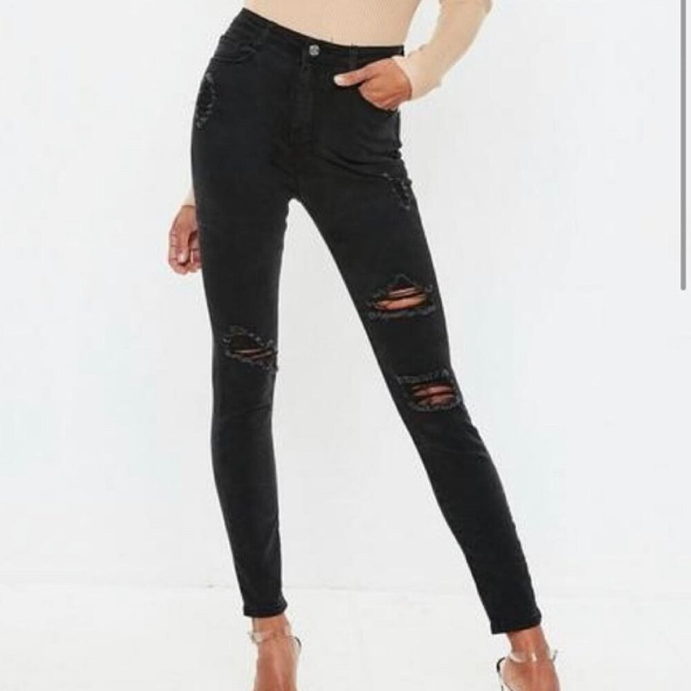 Missguided | Black Sinner High Waist Authentic Distressed Skinny Jeans